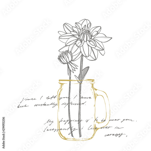 Hand-drawn ink dahlias. Floral elements. Graphic flowers illustrations. Botanical plant illustration. Handwritten abstract text photo