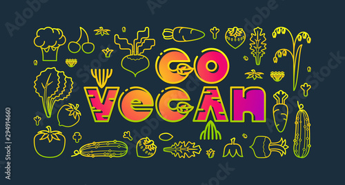 Go Vegan. Inscription and outline vegetable. Vegetarian food. Vector illustration.