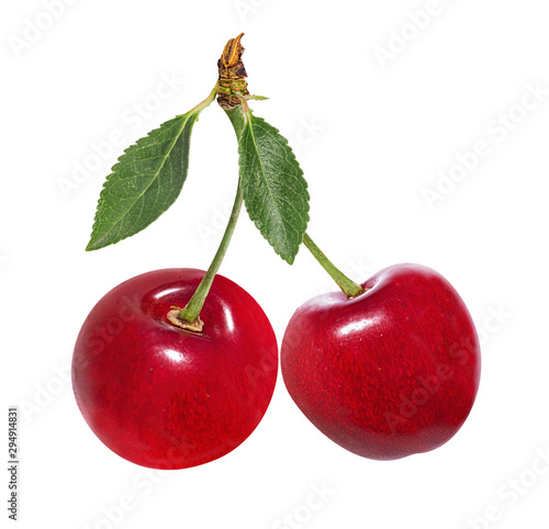 Cherry with leafs isolated on white background.