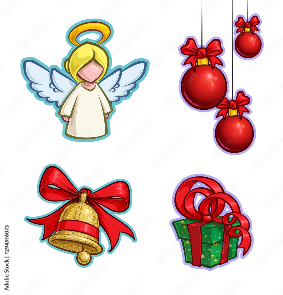 Christmas Cartoon Icon Set - Angel Hanging Balls Bell Gift Christmas Cartoon Icon Set - Angel Hanging Balls Bell Gift