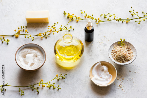 Natural skin care products with essential oils and salt scrub
