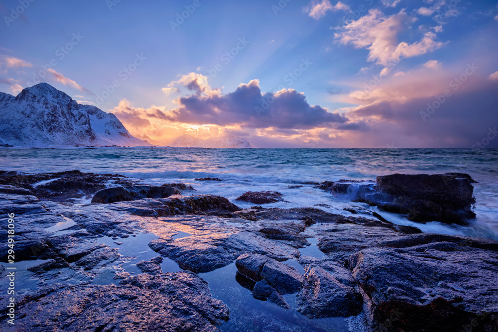 Norwegian Sea waves on rocky coast of Lofoten islands, Norway