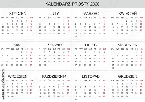 Polish Calendar 2020, Kalendarz polski 2019, monthly planning, Polish calendar template for year 2020, set of 12 months, simple calendar vector	