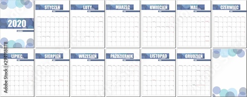 Polish Calendar 2020, Kalendarz polski 2019, monthly planning, Polish calendar template for year 2020, set of 12 months, printable calendar vector	