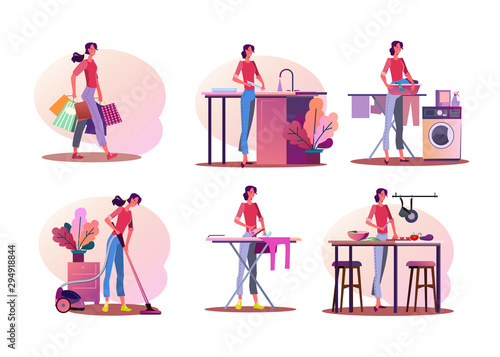 Housework illustration set. Woman doing shopping, washing dish, cooking, ironing, cleaning apartment. Household concept. Vector illustration for banners, posters, website design