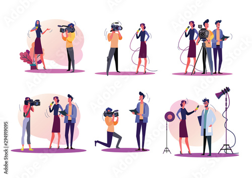Reporters illustration set. Journalists and cameraman filming news, holding microphone, using camera. Television concept. Vector illustration for banners, posters, website design