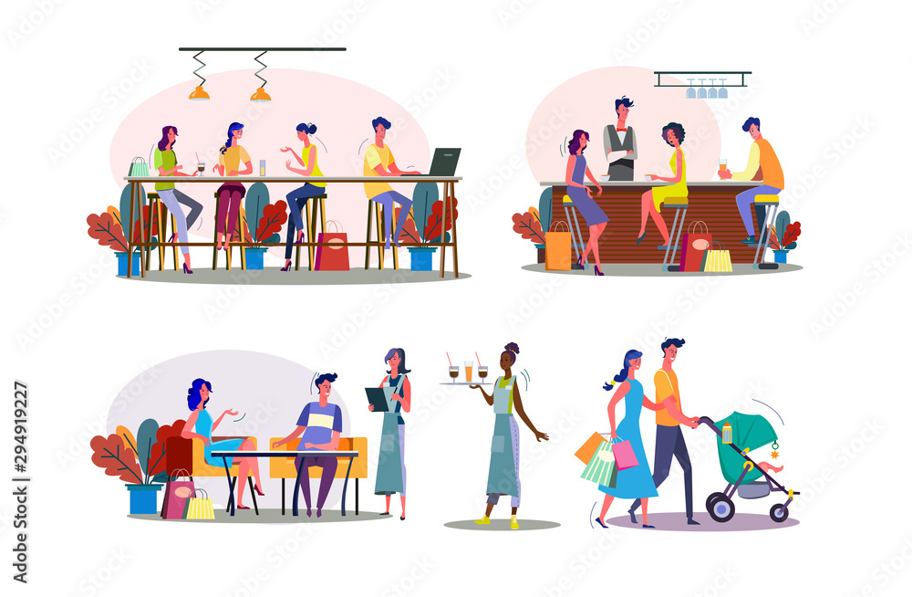 Leisure time together illustration set. Family couple walking with child, friends meeting in bar or cafe. Communication concept. Vector illustration for banners, posters, website design