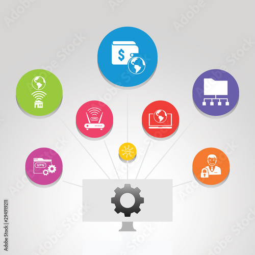 Vpn Infographics vector design. Timeline concept include vpn pay, archiving, home internet icons. Can be used for report, presentation, diagram, web design