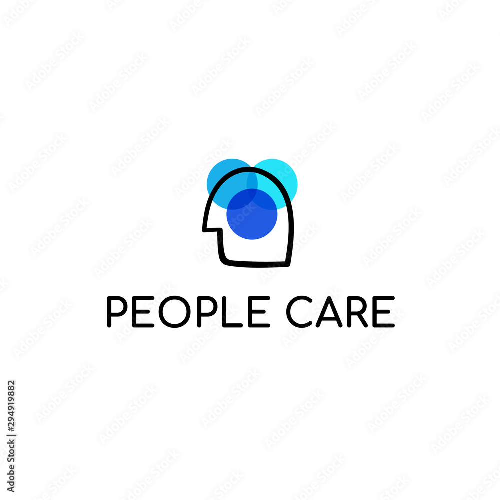 Naklejka premium Logo design for people care service. Human head sign with blue circles for company branding.