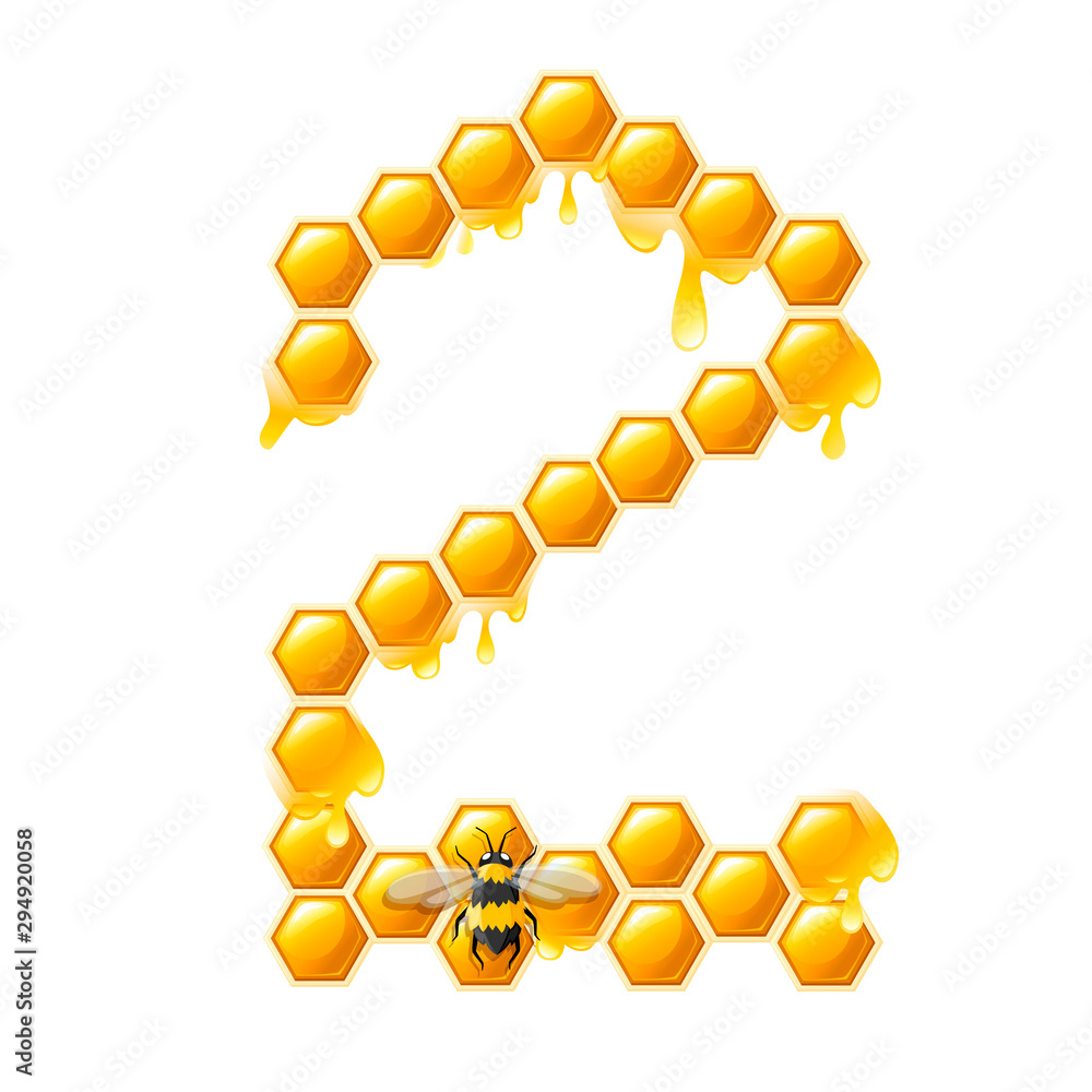 Vecteur Stock Honeycomb number 2 with honey drops and bee cartoon style ...