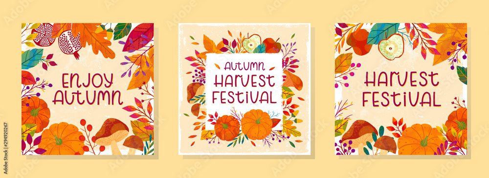 Naklejka premium Bundle of seasonal vector autumn illustrations for harvest festival with pumpkins,mushrooms,pomegranates,apples,plants,leaves,berries and floral elements.Trendy fall designs.