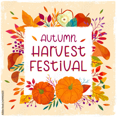 Autumn harvest festival poster with pumpkins,mushrooms,tree branches,apples,plants,leaves,berries and floral elements.Harvest fest design.Trendy fall vector illustration.