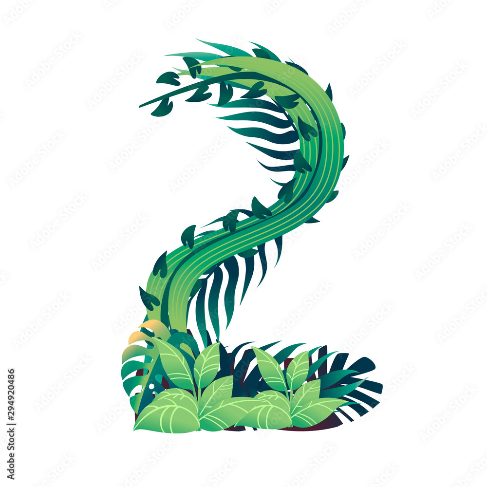 Naklejka premium Leaf number 2 with different types of green leaves and foliage cartoon style design flat vector illustration isolated on white background