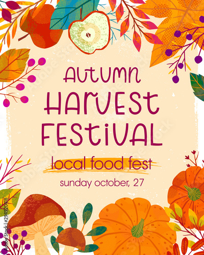 Autumn harvest festival poster with pumpkins,mushrooms,tree branches,apples,plants,leaves,berries and floral elements.Harvest fest design.Trendy fall vector illustration.