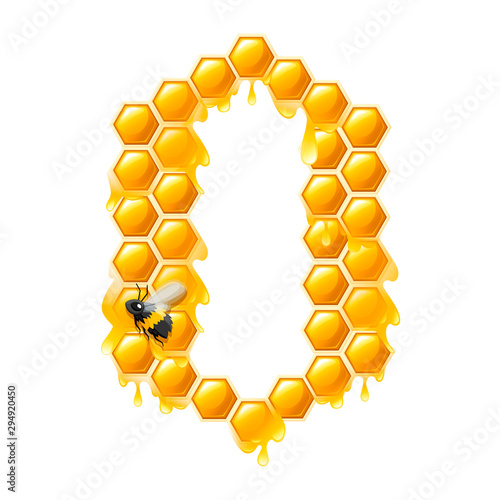 Honeycomb number 0 with honey drops and bee cartoon style food design flat vector illustration isolated on white background