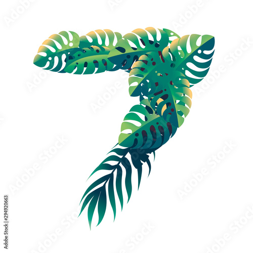 Leaf number 7 with different types of green leaves and foliage cartoon style design flat vector illustration isolated on white background