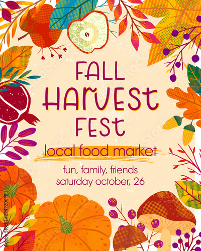Autumn harvest festival poster with pumpkins,mushrooms,tree branches,apples,pomegranate,plants,leaves,berries and floral elements.Harvest fest design.Trendy fall vector illustration.