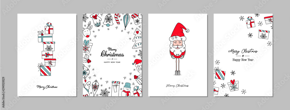 Merry Christmas cards set with hand drawn elements. Doodles and sketches vector Christmas illustrations, DIN A6. - obrazy, fototapety, plakaty 