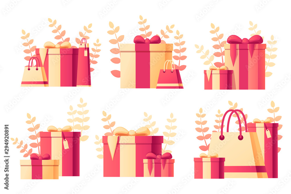 Gift box with abstract soft color pattern with leaves on background flat vector illustration on white background Gift box with abstract soft color pattern with leaves on background flat vector illustration on white background