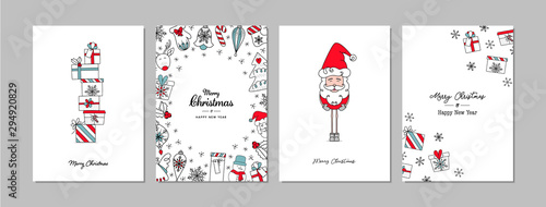 Merry Christmas cards set with hand drawn elements. Doodles and sketches vector Christmas illustrations, DIN A6.