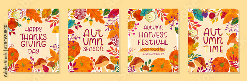 Bundle of seasonal vector autumn illustrations for thanksgiving day and harvest festival with pumpkins  mushrooms  pomegranates  figs  apples  plants leaves berries .Trendy fall designs.