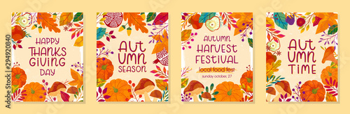 Bundle of seasonal vector autumn illustrations for thanksgiving day and harvest festival with pumpkins; mushrooms; pomegranates; figs; apples; plants;leaves;berries .Trendy fall designs.