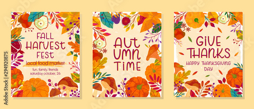 Bundle of seasonal vector autumn illustrations for thanksgiving day and harvest festival with pumpkins,mushrooms,pomegranates,figs,apples,plants,leaves,berries and floral elements.Trendy fall designs.
