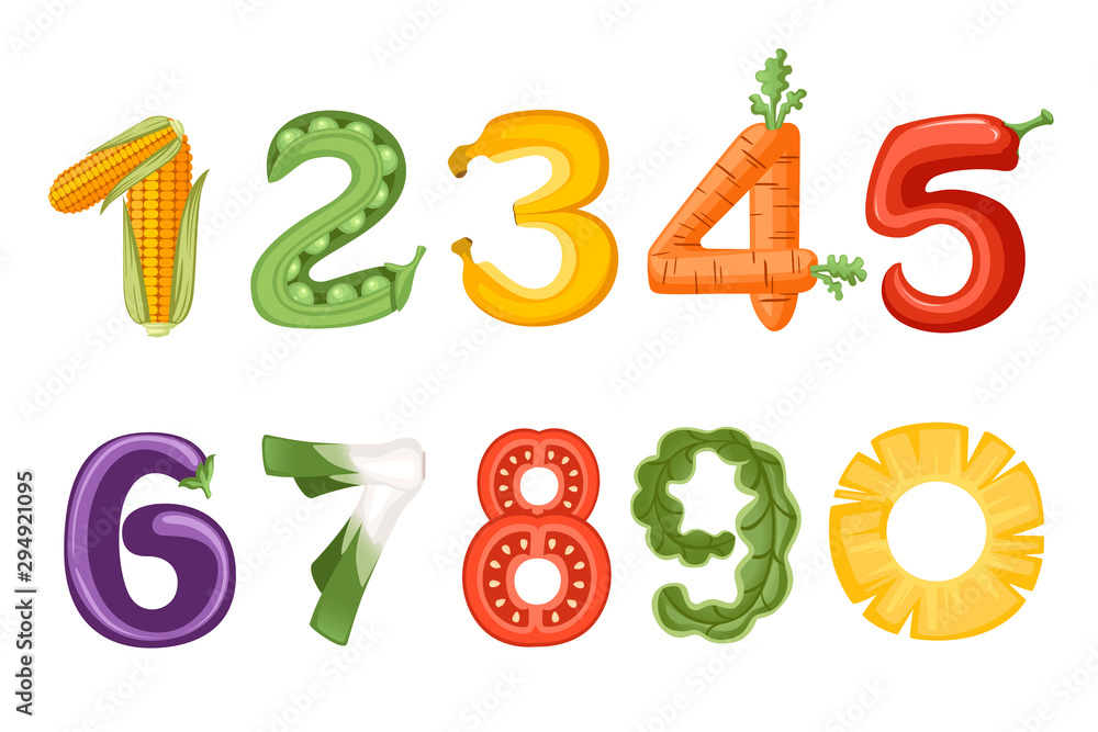 Set of numbers vegetables and fruit style food cartoon design flat vector illustration isolated on white background Set of numbers vegetables and fruit style food cartoon design flat vector illustration isolated on white background