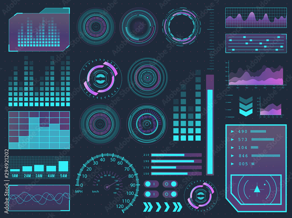 HUD elements sci-fi science futuristic user interface. Menu buttons, virtual reality, infographic vector illustration.