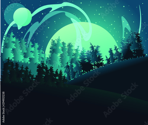 Full moon being absorbed into the fog of other planets. Forest under a planet and northern lights. Flat illustration of a landcape with aurora borealis.