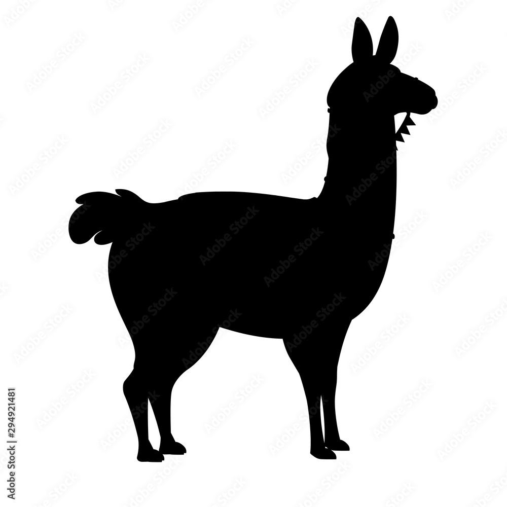Black silhouette of llama cartoon animal design flat vector illustration isolated on white background side view