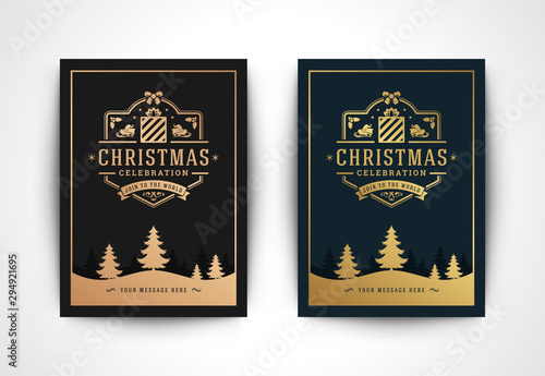 Christmas greeting card with santa claus silhouette and ornate typographic winter holidays text vector illustration.