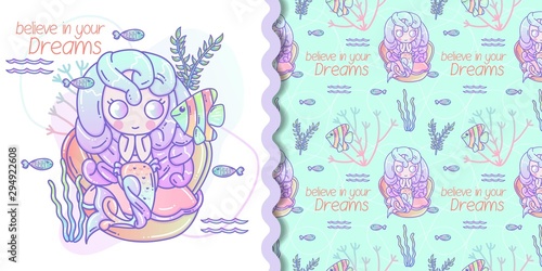 Cute little mermaid and marine life cartoon with pattern set