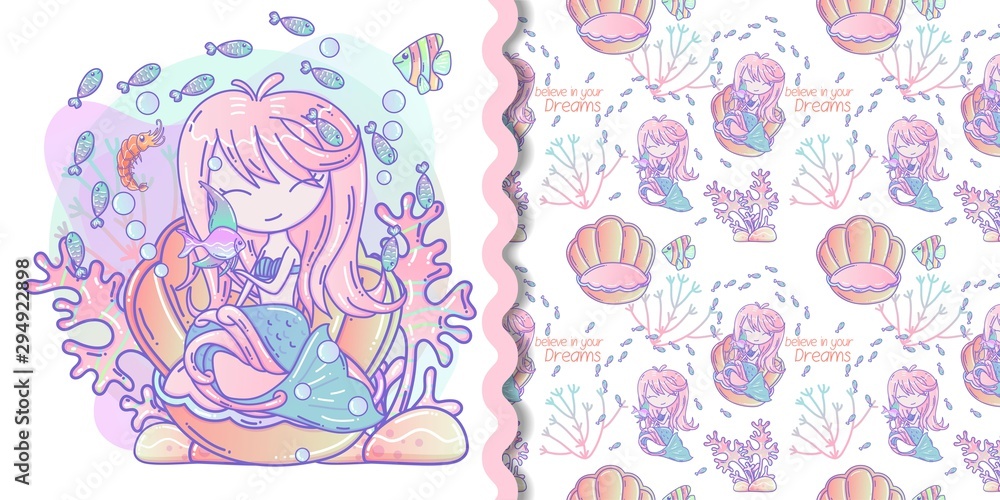 Cute mermaid with little fish vector illustration for kids fashion artworks, children books, greeting cards.