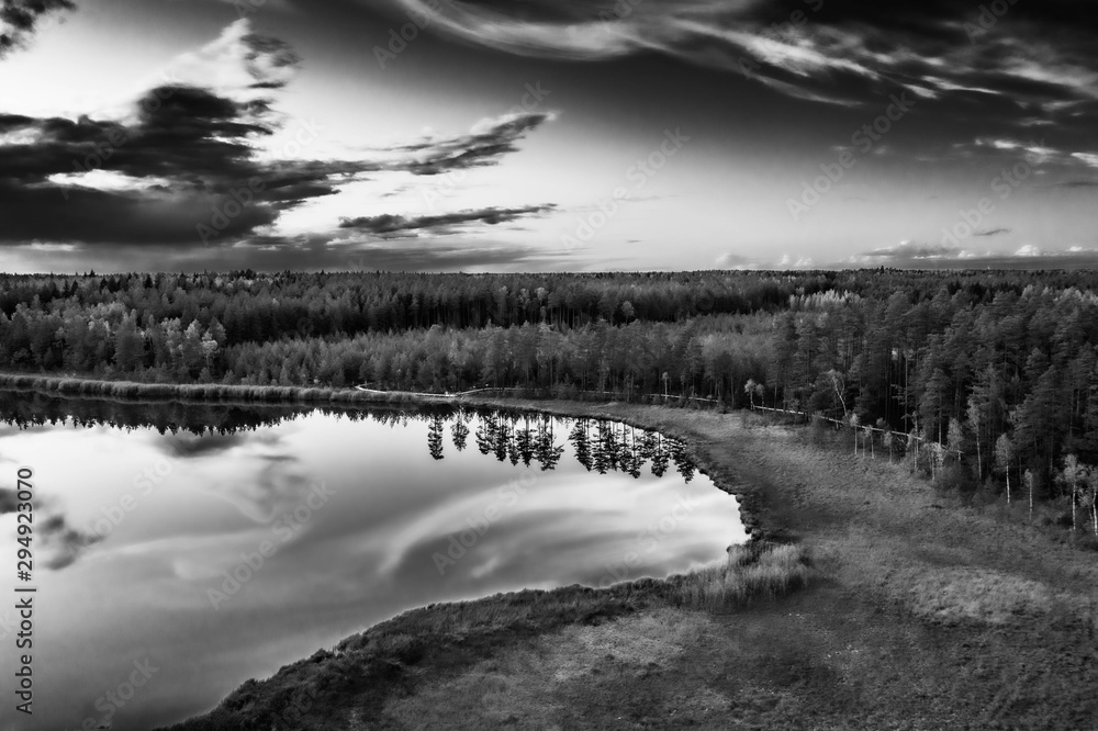 Latvian  nature. View from the top. Kangari lake in forest. Black and white.