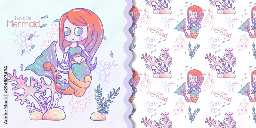 Plakat Cute little mermaid and marine life cartoon with pattern set