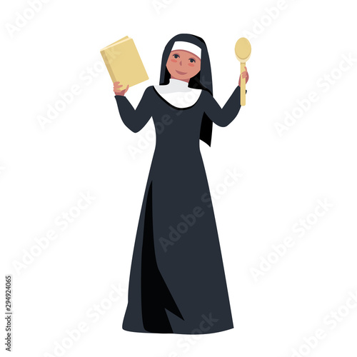 nun holds a book of recipes for lean dishes. Sister of Mercy. religious fasting in food. vector illustration