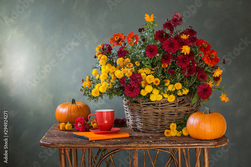 still life with chrysanthemums in basket and pumpkins on wooden shelf