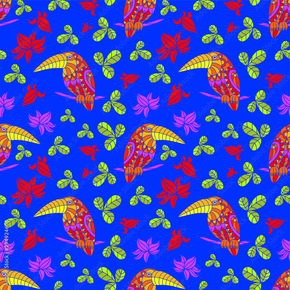 Pattern with toucans and tropical leaves Pattern with toucans and tropical leaves