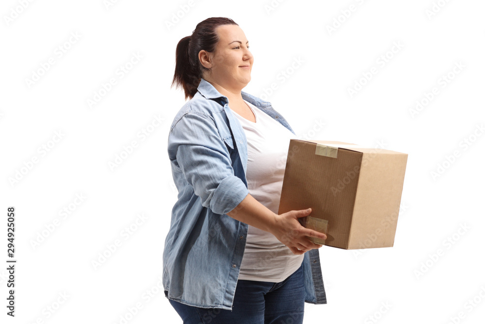 Corpulent woman carrying a box Corpulent woman carrying a box