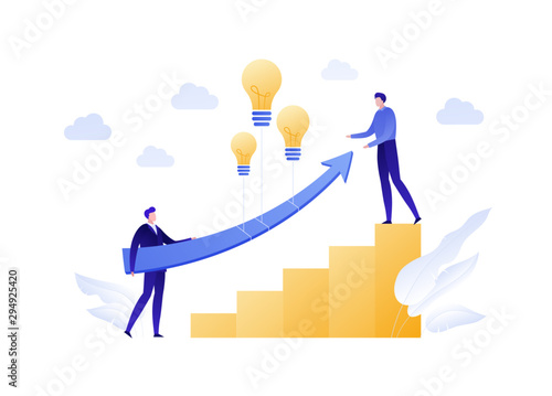 Vector flat business idea people illustration. Team of businessman holding arrow with baloon lightbulb. Concept of innovation, growth, technology. Design element for banner, poster, infographic