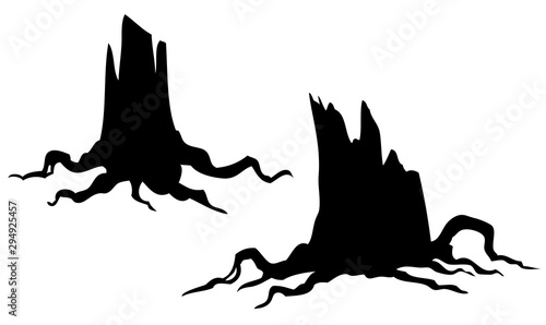 Black silhouette old tree stump with roots. Isolated on white background. Halloween vector icon.