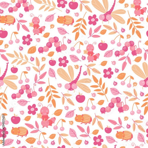Wallpaper Mural Beetles and leaves seamless pattern in pastel colors for kids design. Cartoon cute smiling animals repeat background for wallpaper and textile. Autumn décor. Vector illustration, cartoon flat style. Torontodigital.ca