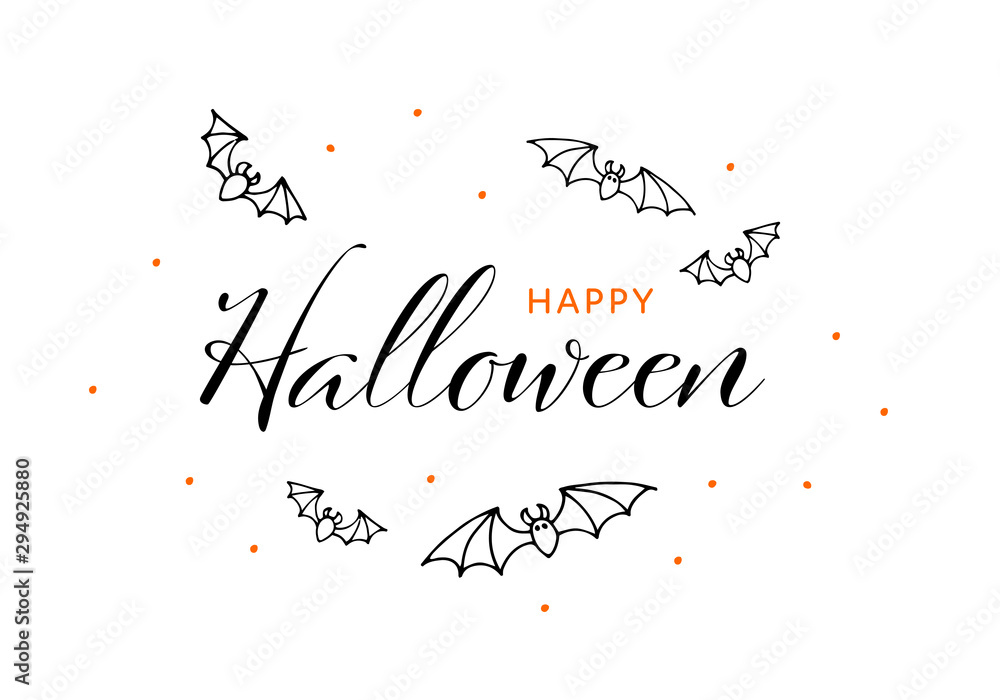 Vector typography happy halloween horizontal banner template. Black font text and cartoon scary flying bat isolated on white background. Desing for poster, invitation, greeting card.
