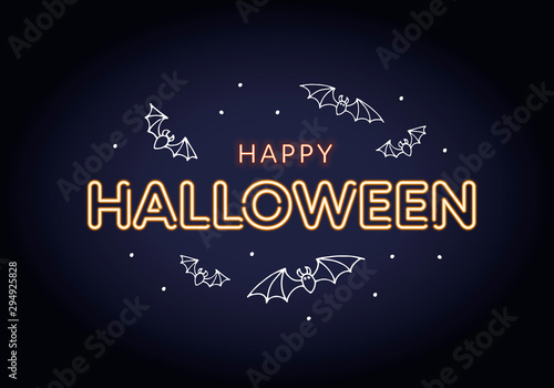 Vector neon happy halloween horizontal banner template. Glowing light bulb orange text and white cartoon scary flying bat on black background. Desing for poster, invitation, greeting card.