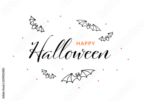 Vector typography happy halloween horizontal banner template. Black font text and cartoon scary flying bat isolated on white background. Desing for poster, invitation, greeting card.