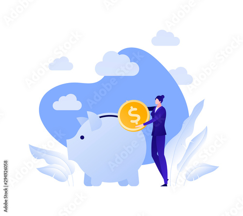 Vector flat piggybank money save illustration. Female holding coin and pig on blue sky background. Concept of banking, income deposite, pension. Design element for business banner, poster, infographic
