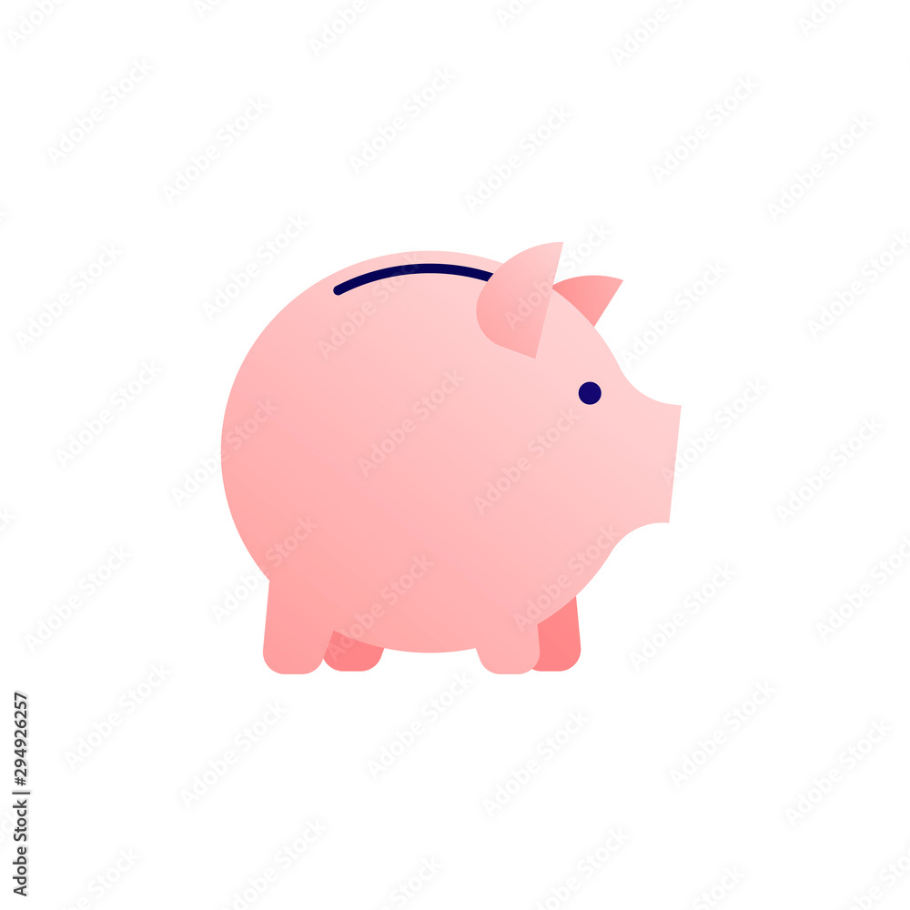 Vector flat piggybank money save illustration. FGradient pink pig isolated on white background. Concept of banking, income deposite, pension. Design element for business banner, poster, infographic Vector flat piggybank money save illustration. FGradient pink pig isolated on white background. Concept of banking, income deposite, pension. Design element for business banner, poster, infographic