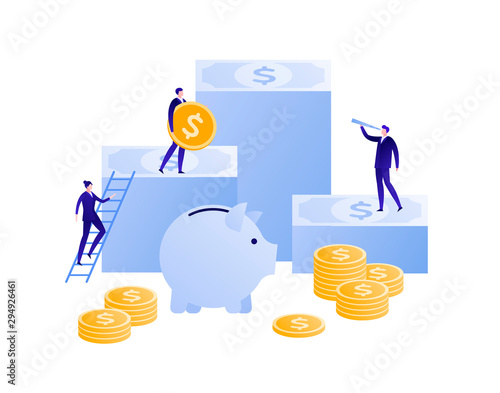 Vector flat bank business illustration. Team of businessman on money stack with coin isolated on white. Concept of save, banking, deposite, pension. Design element for banner, poster, infographic