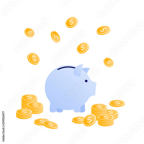 Vector flat bank business illustration. Pig save box with falling coins isolated on white. Concept of save, banking, deposite, investment. Design element for banner, poster, infographic
